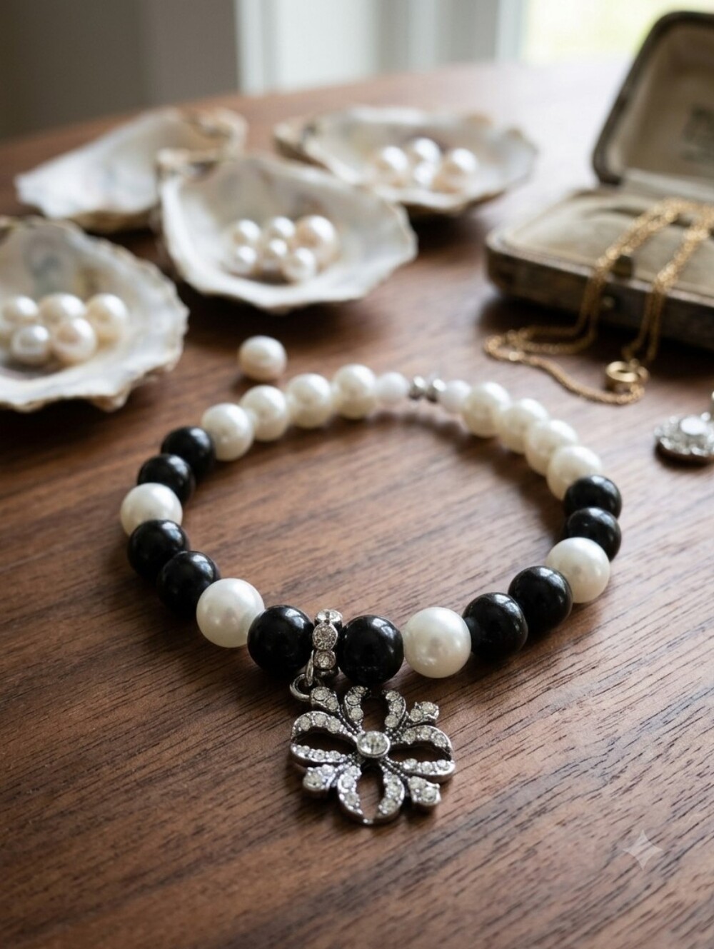 Hand Crafted Black and White Beaded Bracelet with Crystal CrossCharm